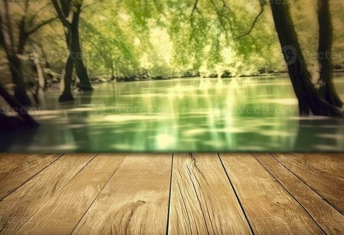 AI generated Wooden table top with natural green background of blurred lake photo