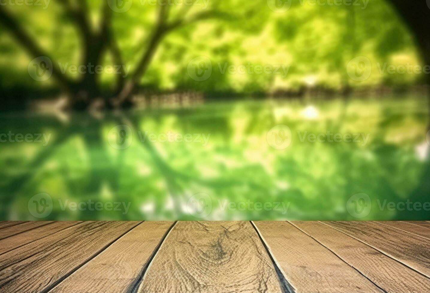 AI generated Wooden table top with natural green background of blurred lake photo