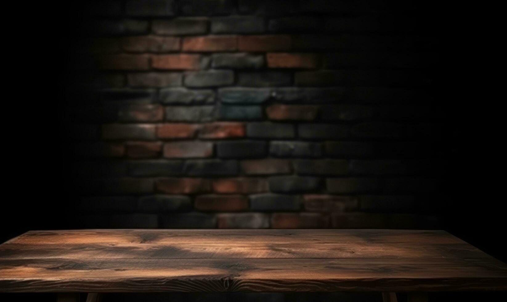 AI generated Empty wooden background with brick wall and neon lights. Brick walls, neon signs and lamps photo