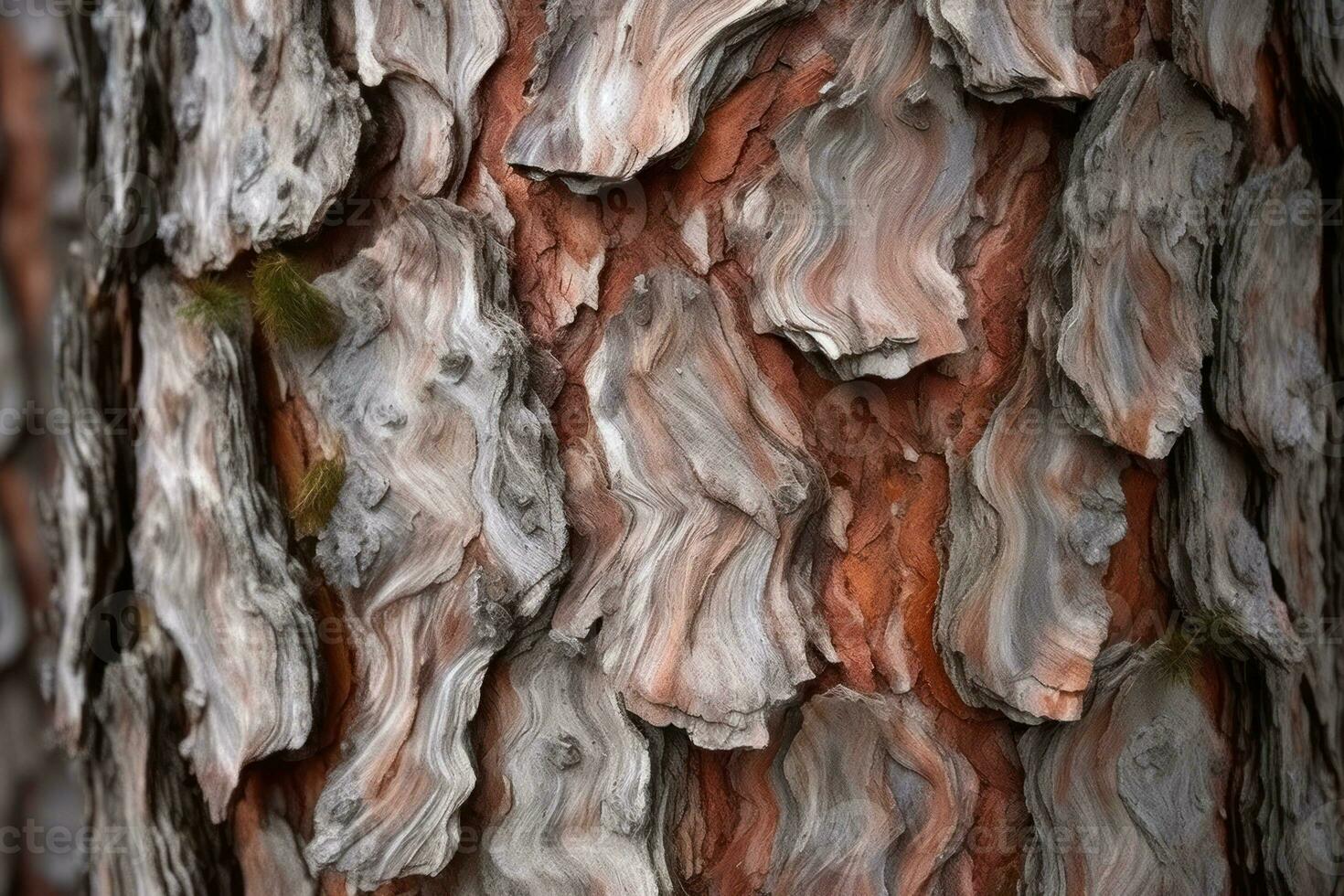 AI generated textured background of old pine wood, with large elements of bark and the resin drips photo