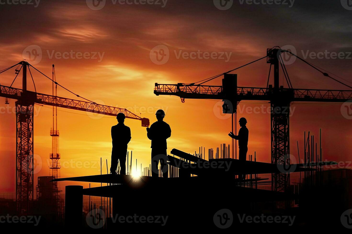 AI generated Silhouette of Engineer and worker with clipping path on building site, construction site at sunset in evening time. photo