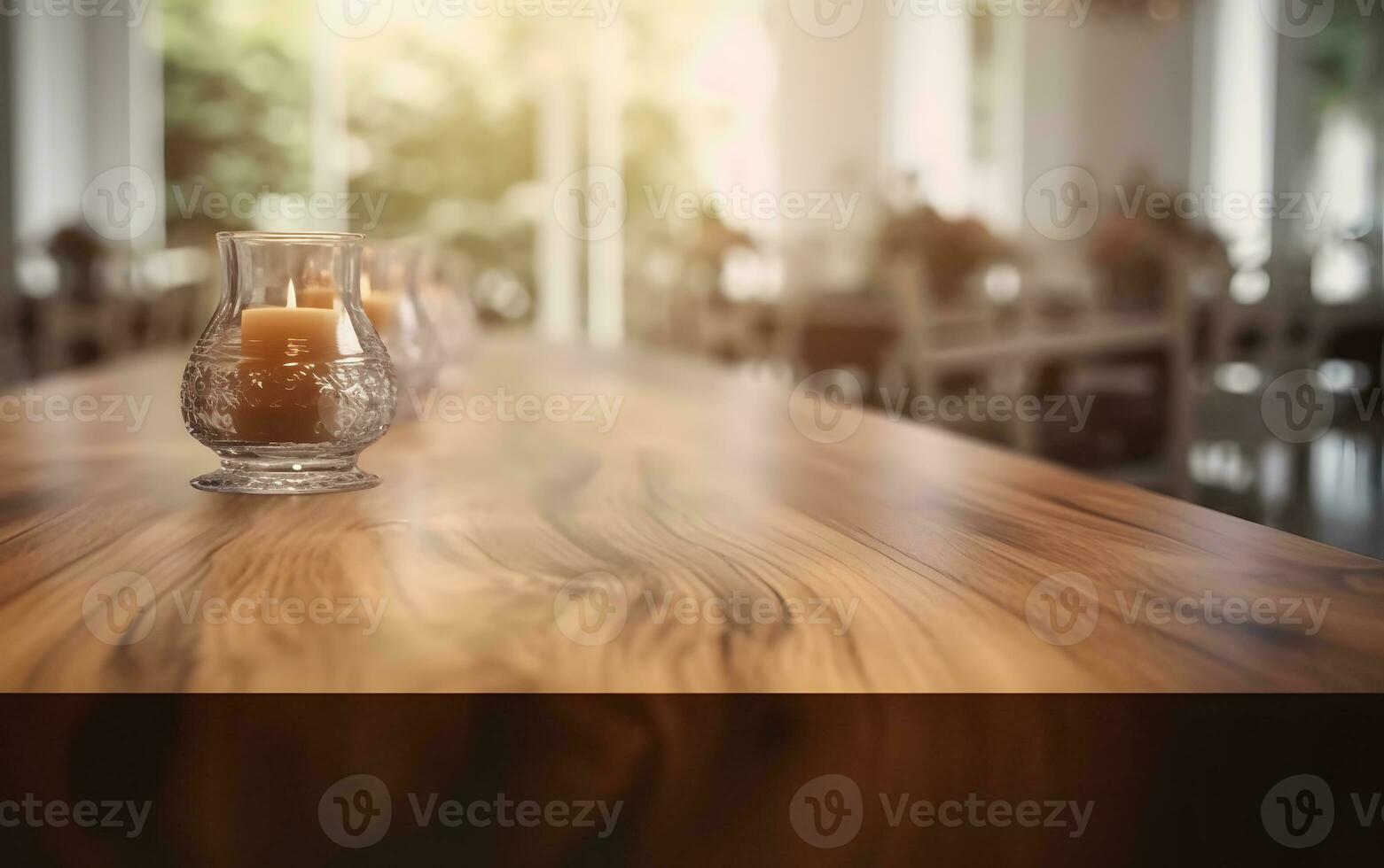 ai generado vacío de madera mesa en frente de borroso y resumen ventana antecedentes foto