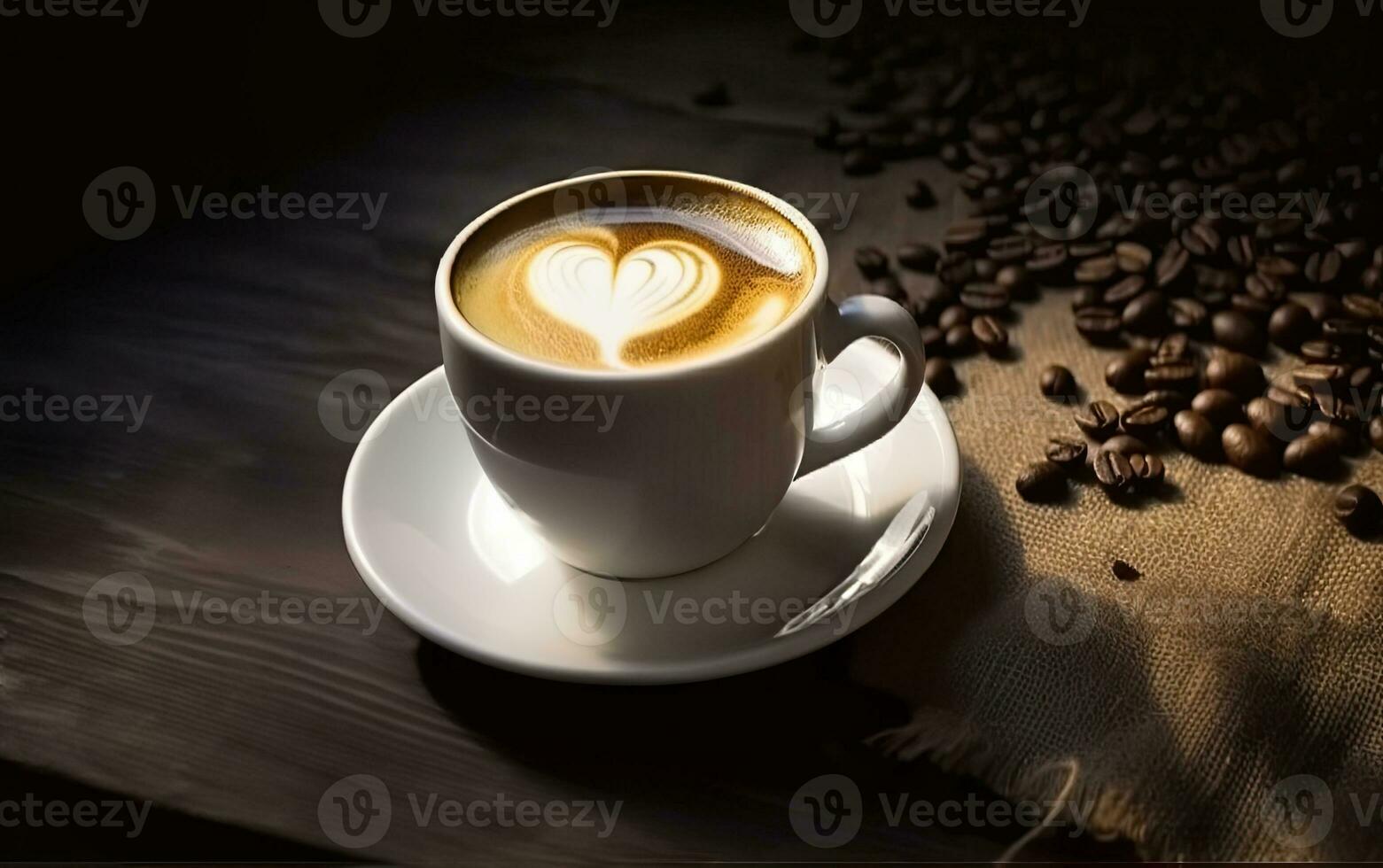 AI generated A cup of coffee with coffee beans and spoon on wooden background photo