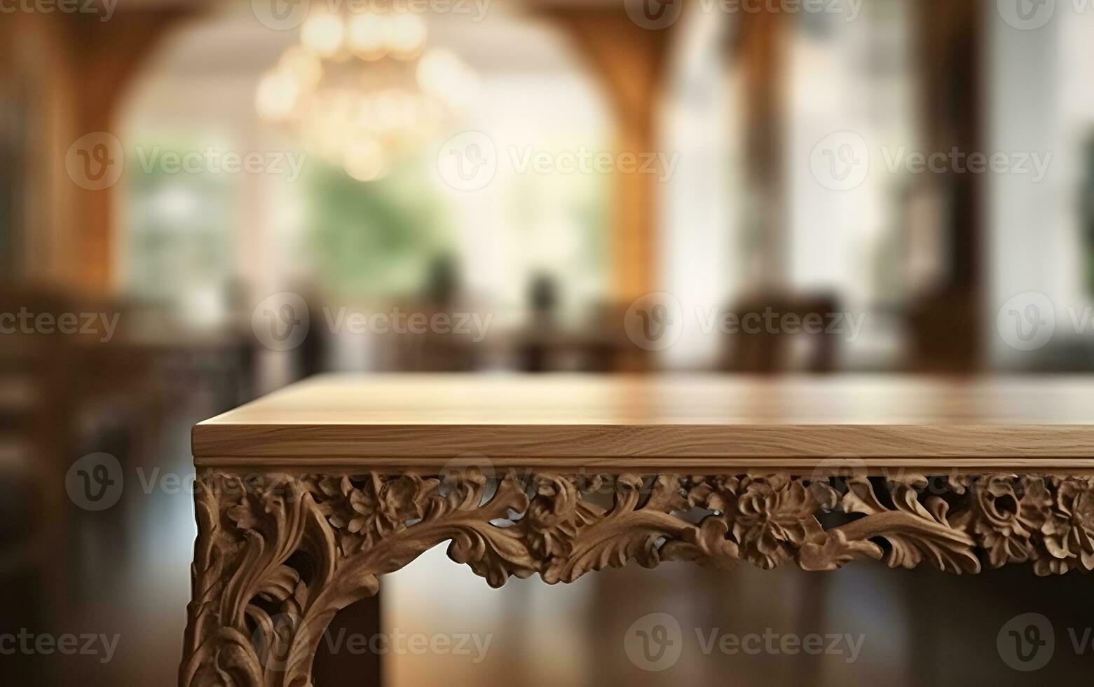AI generated Empty wooden table in front of blurred and abstract window background photo
