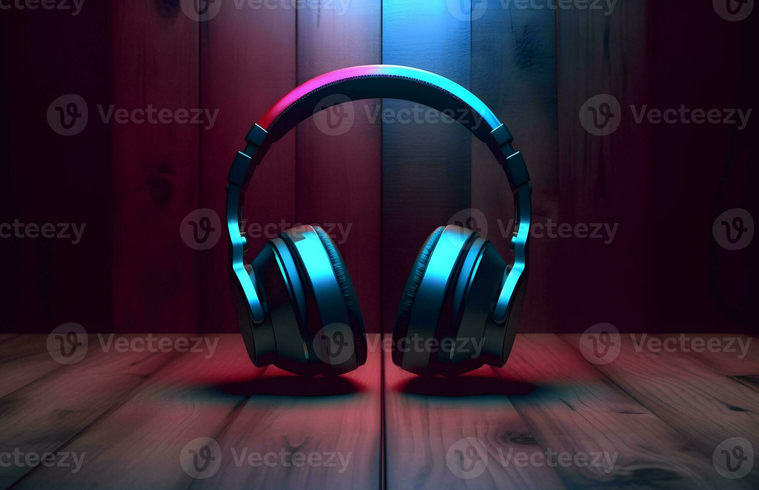 AI generated Headphones Isolated on a wooden table on a dark background photo
