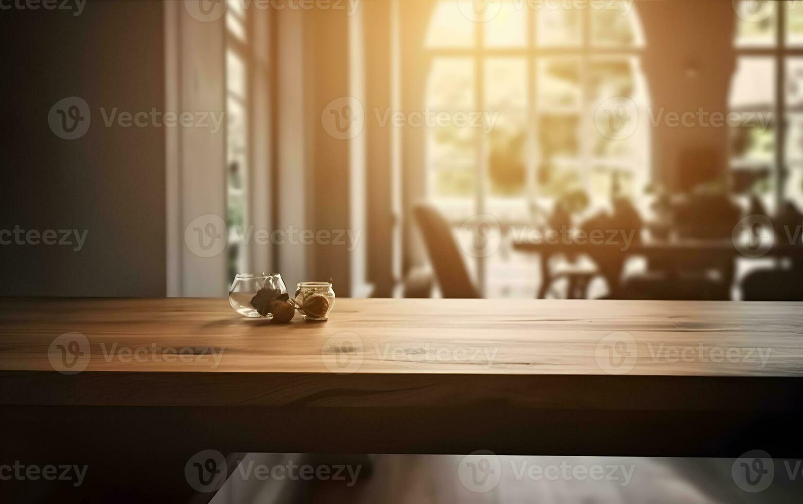 AI generated Empty wooden table in front of blurred and abstract window background photo