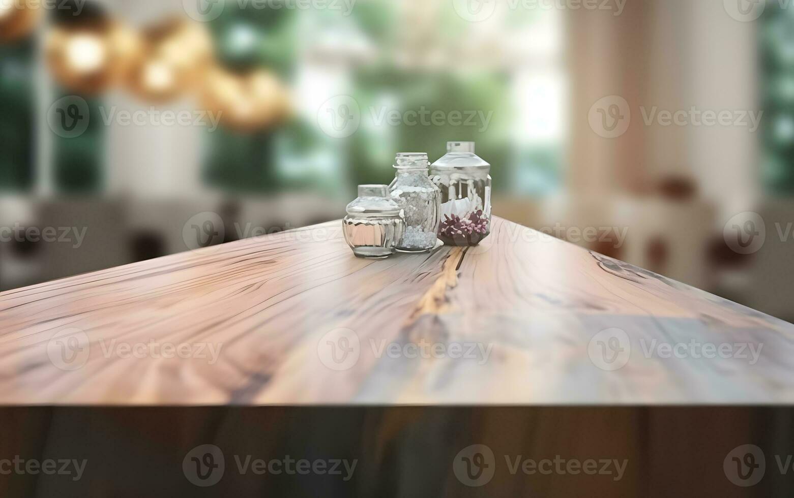 AI generated Empty wooden table in front of blurred and abstract window background photo