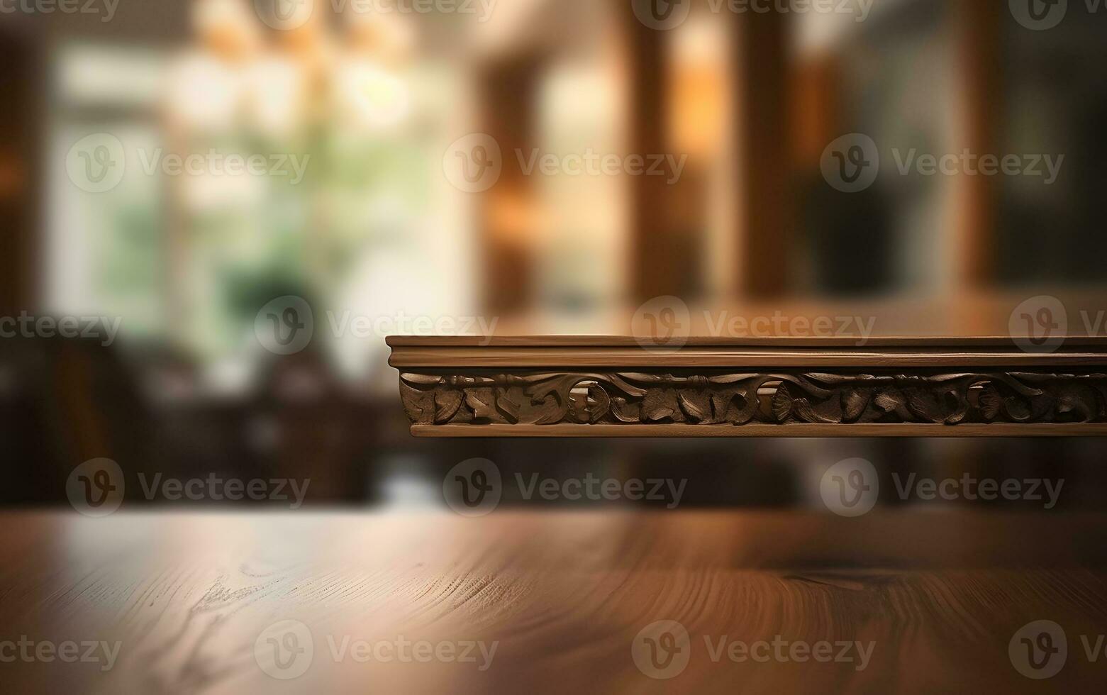 AI generated Empty wooden table in front of blurred and abstract window background photo