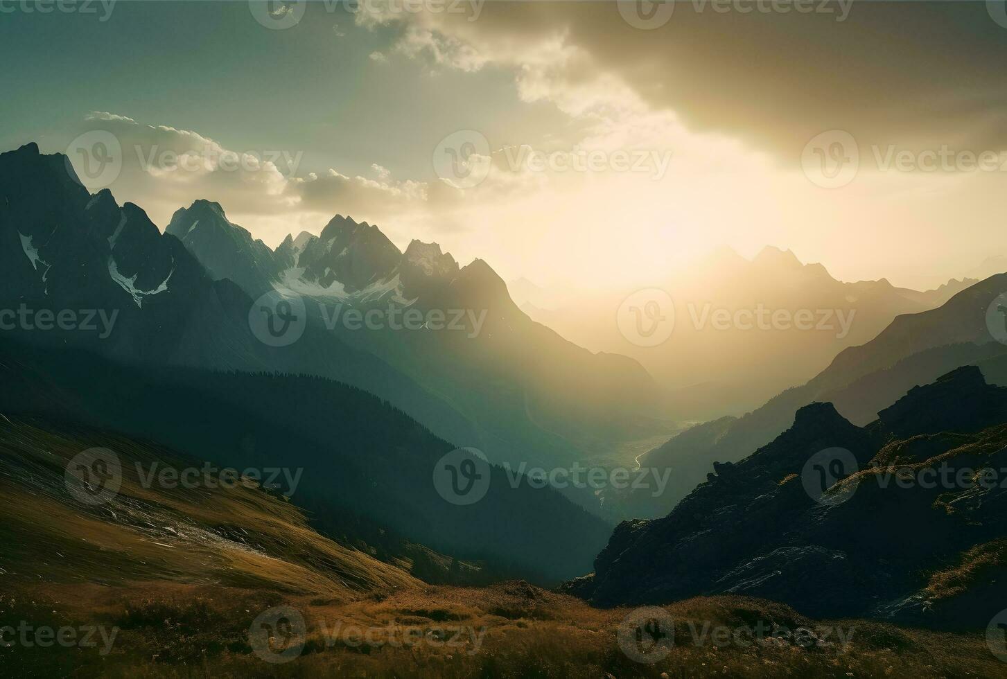AI generated A sun shining over a mountain range under blue sky photo