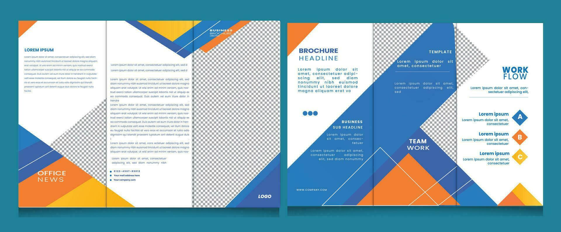 Creative Modern blue and orange square geometric vector business trifold Leaflet Brochure Flyer template flat design set.