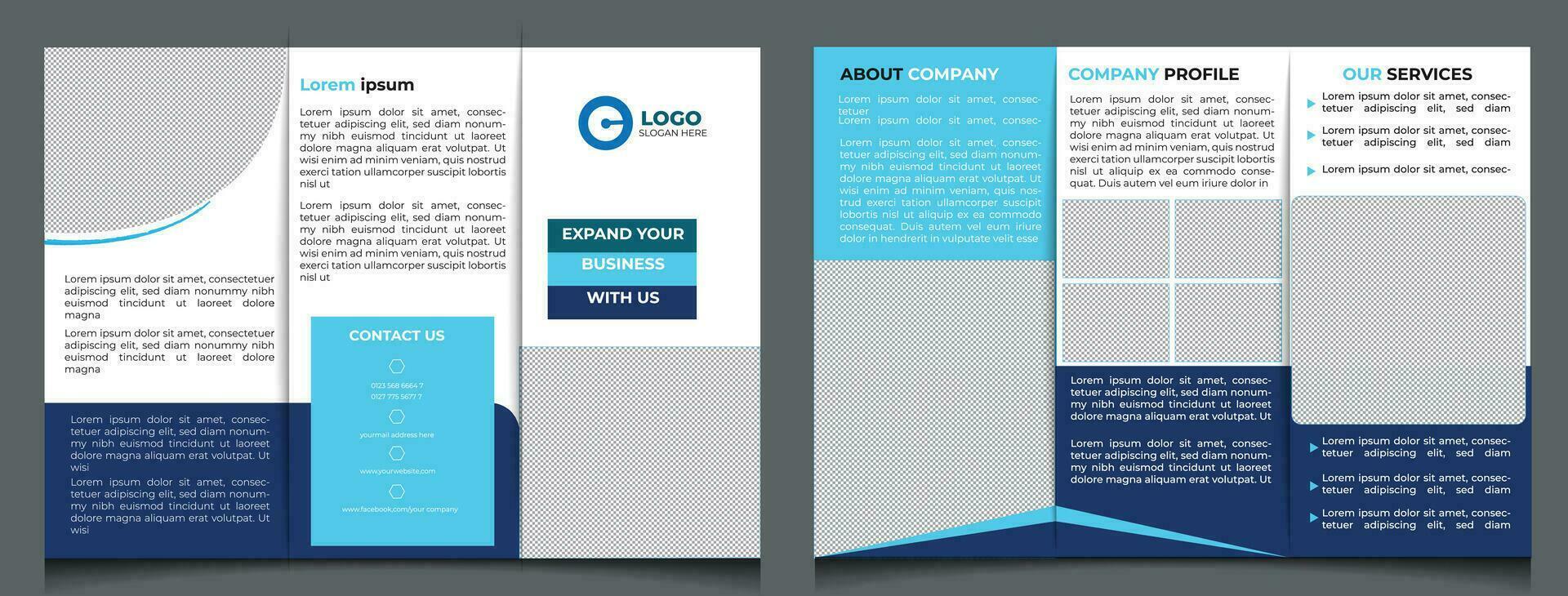 Creative Modern blue and navy square geometric vector business trifold Brochure flat design set.