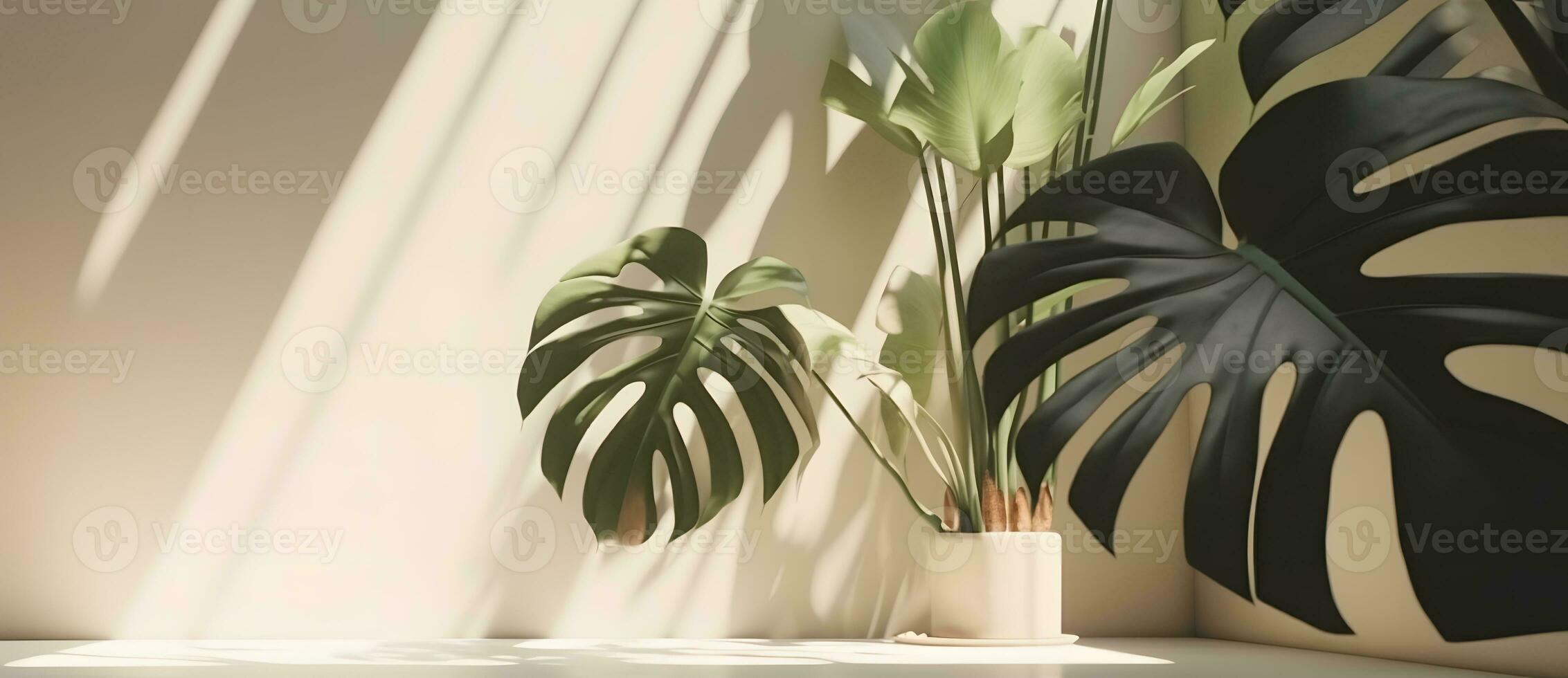 ai generado monstera hoja en beige pastel pared con ventana ligero oscuridad, 3d representación cosmético producto monitor Bosquejo foto