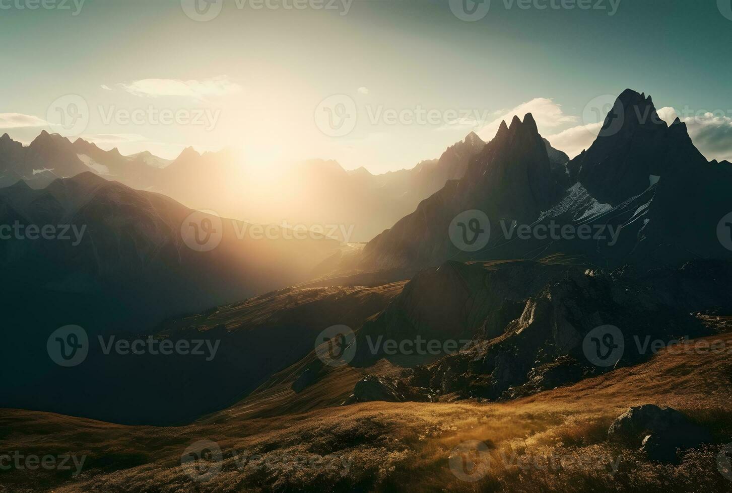 AI generated A sun shining over a mountain range under blue sky photo