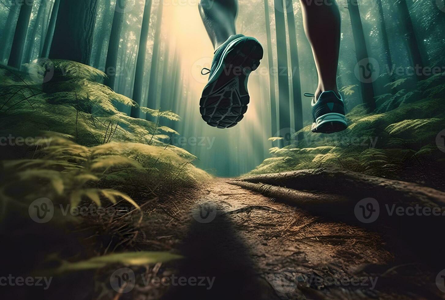 AI generated A person running on a trail on a sunny morning in the forest. photo