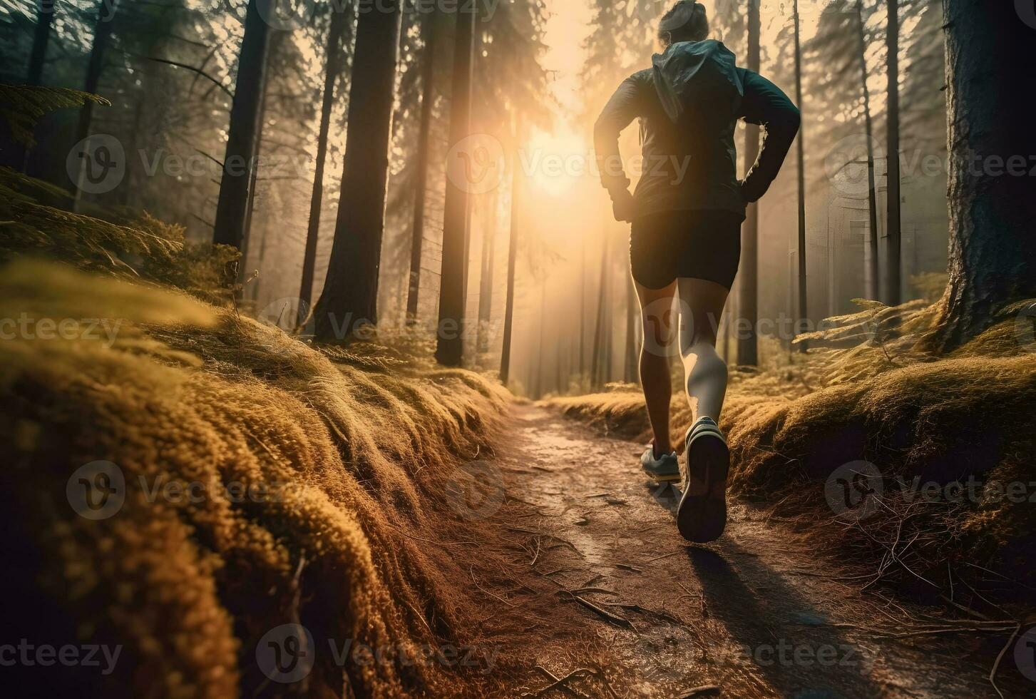 AI generated A person running on a trail on a sunny morning in the forest. photo