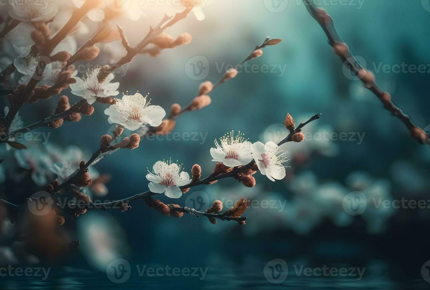 AI generated Blooming cherry and plum at sunset in the Alps are very beautiful. Pure nature pleases a person with ecological beauty and a symbol of spring. photo