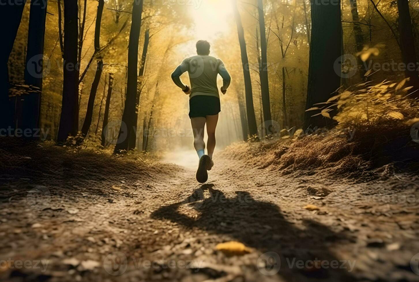 AI generated A person running on a trail on a sunny morning in the forest. photo