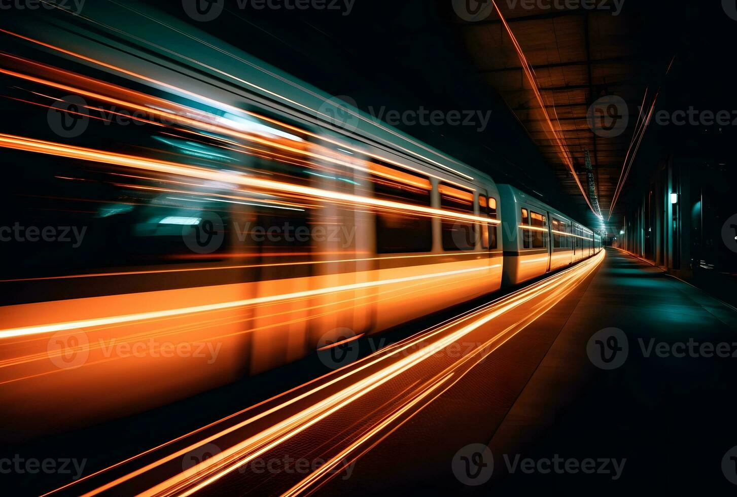 AI generated A beautiful long exposure of a train passing by at the underground station photo