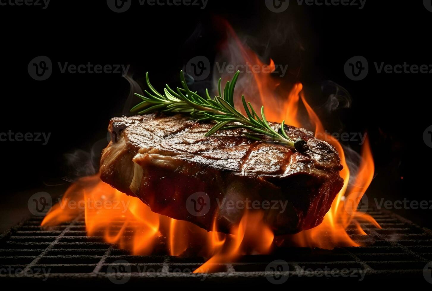 ai generado parilla seco Envejecido wagyu mesón carne de vaca filete A la parrilla como de cerca en un carbón parrilla con fuego y fumar foto