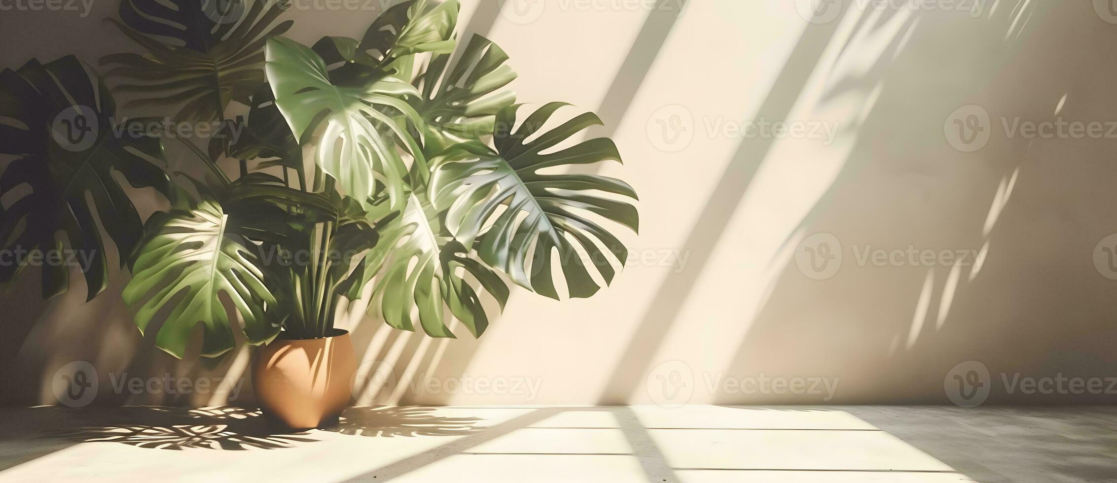 AI generated Monstera leaf on beige pastel wall with window light shadows, 3d rendering cosmetic product display mockup photo