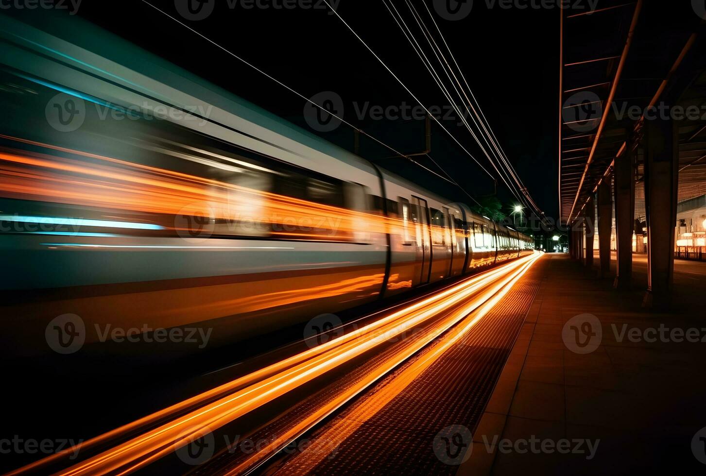 AI generated A beautiful long exposure of a train passing by at the underground station photo
