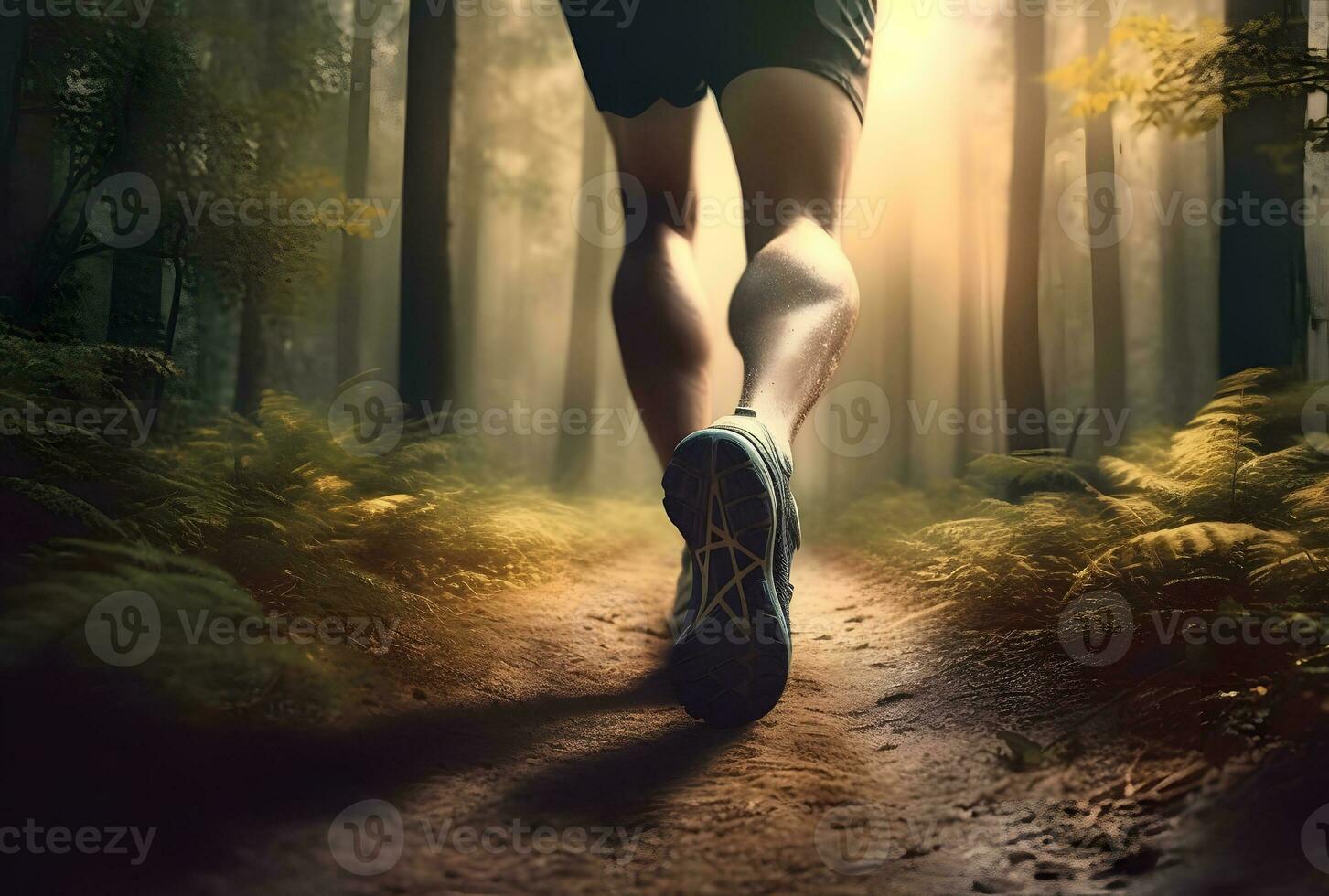 AI generated A person running on a trail on a sunny morning in the forest. photo