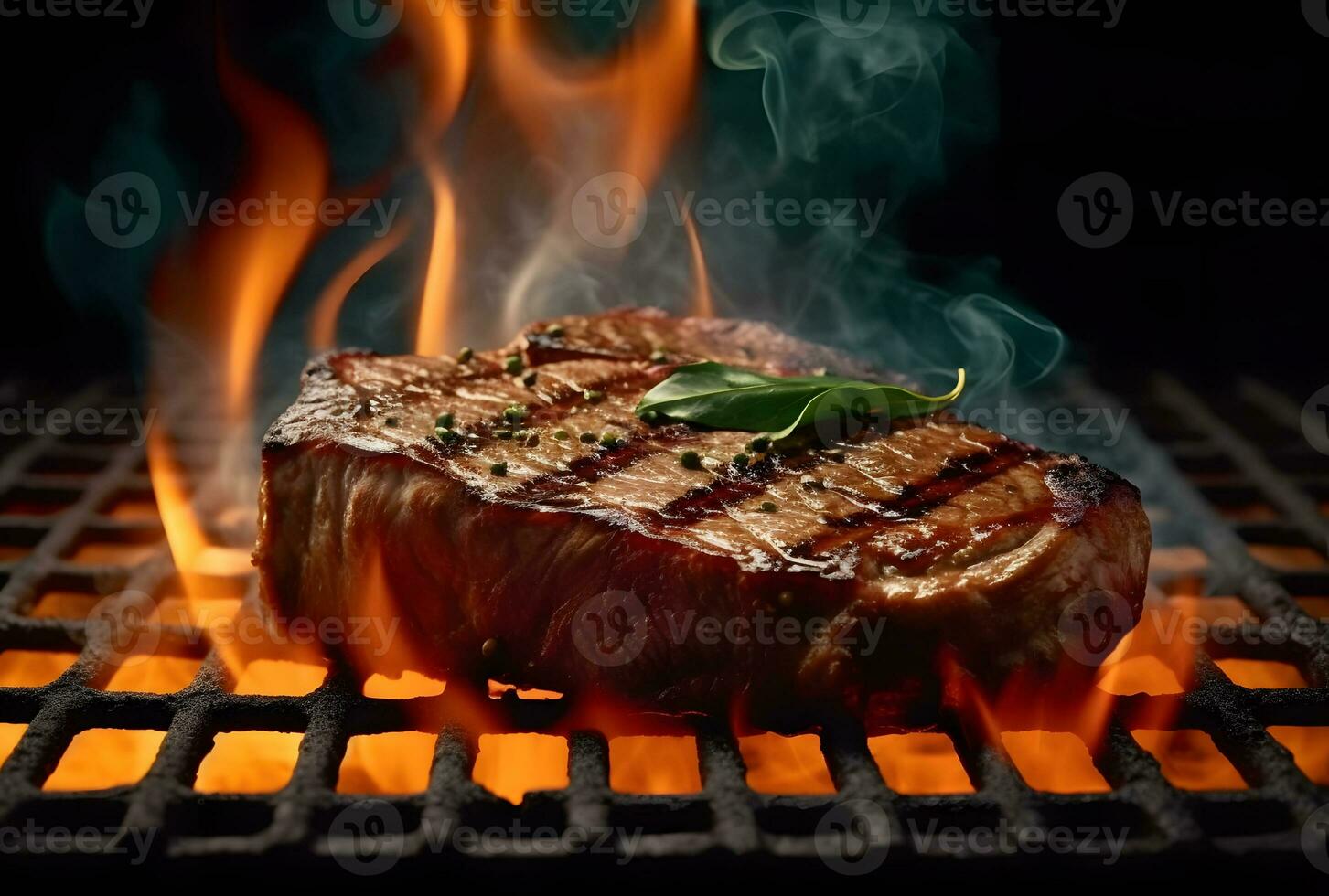 AI generated Barbecue dry aged wagyu porterhouse beef steak grilled as close-up on a charcoal grill with fire and smoke photo