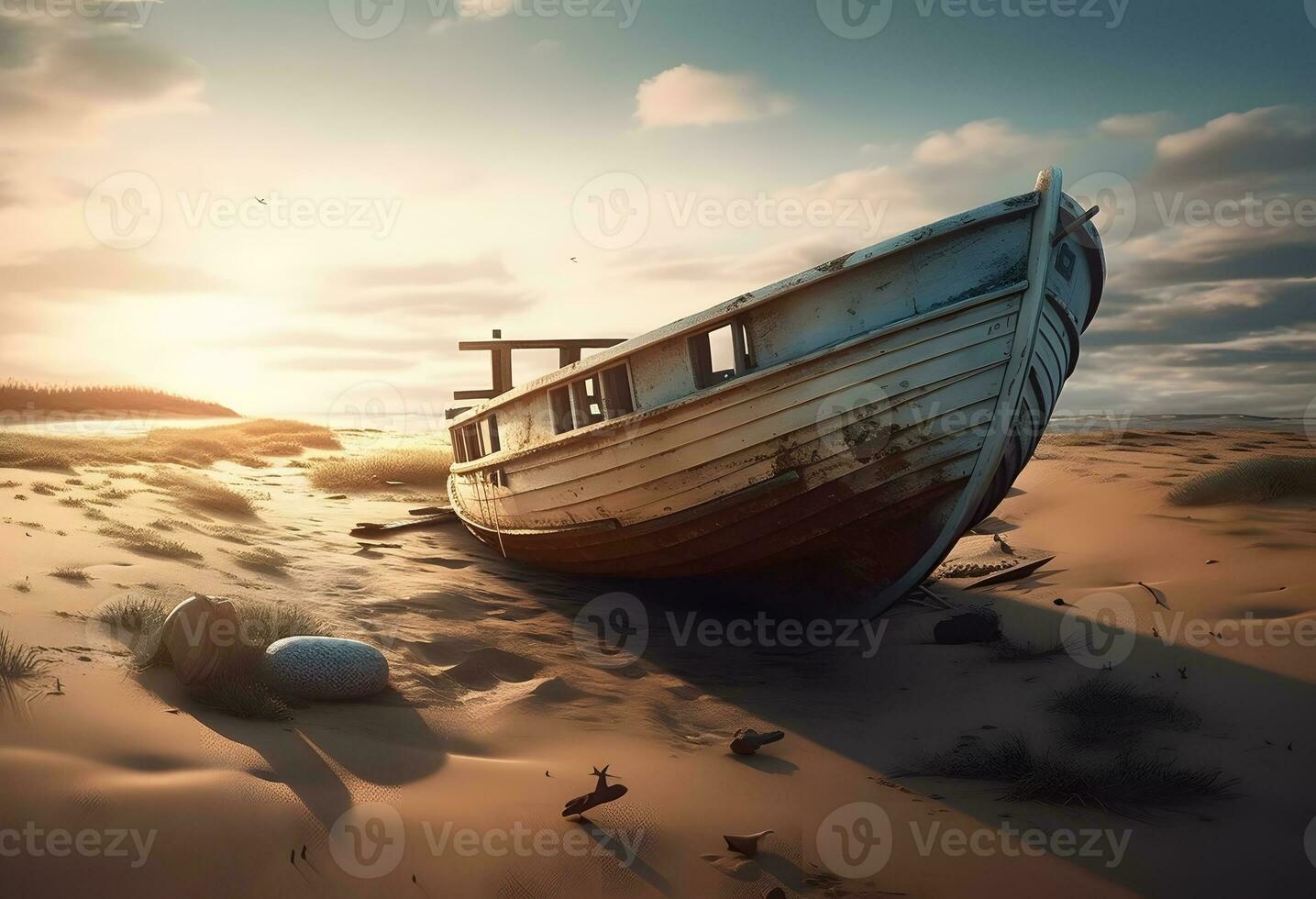 AI generated Sunset over the sea, fishing boat on the beach photo