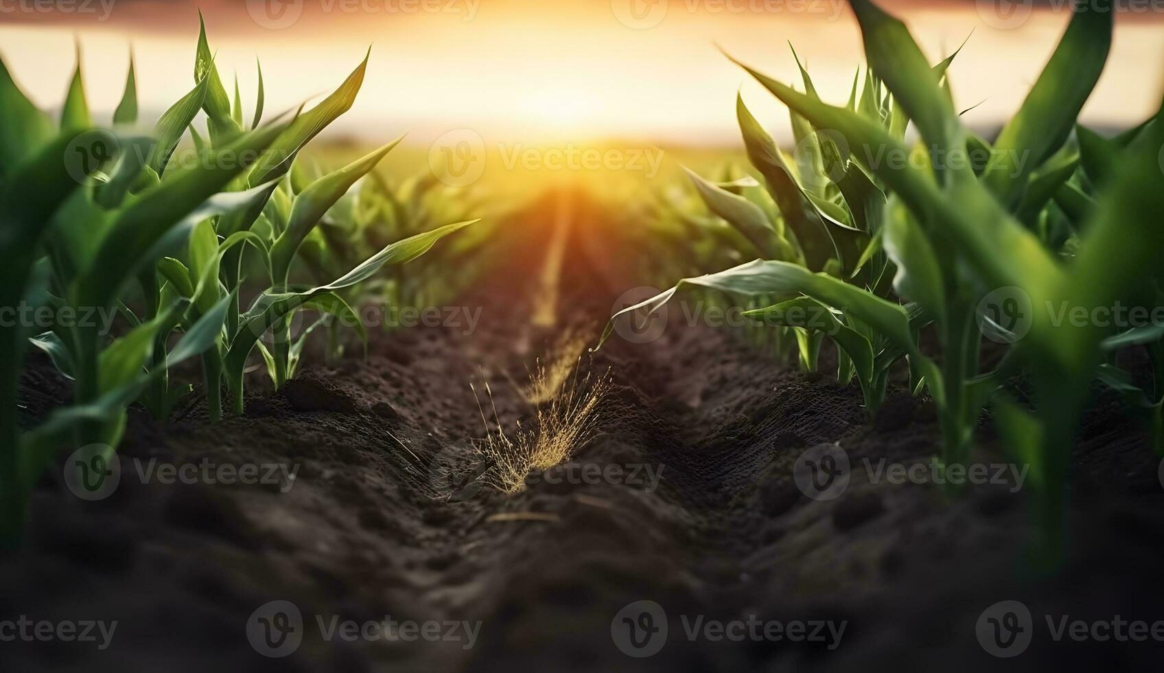 AI generated bottom view of young shoots of corn planted in rows. earth and green plants in the background sunset photo