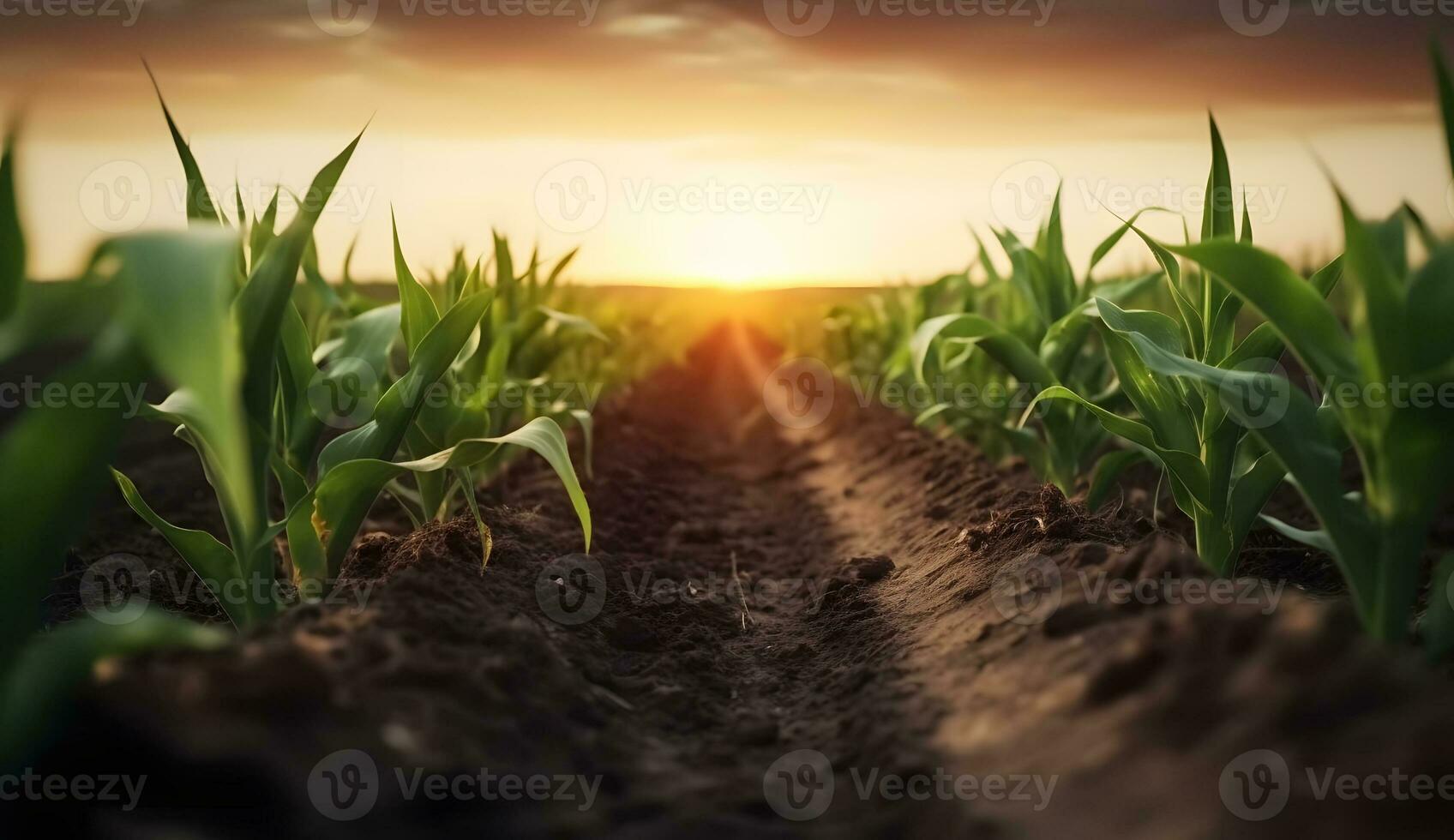 AI generated bottom view of young shoots of corn planted in rows. earth and green plants in the background sunset photo