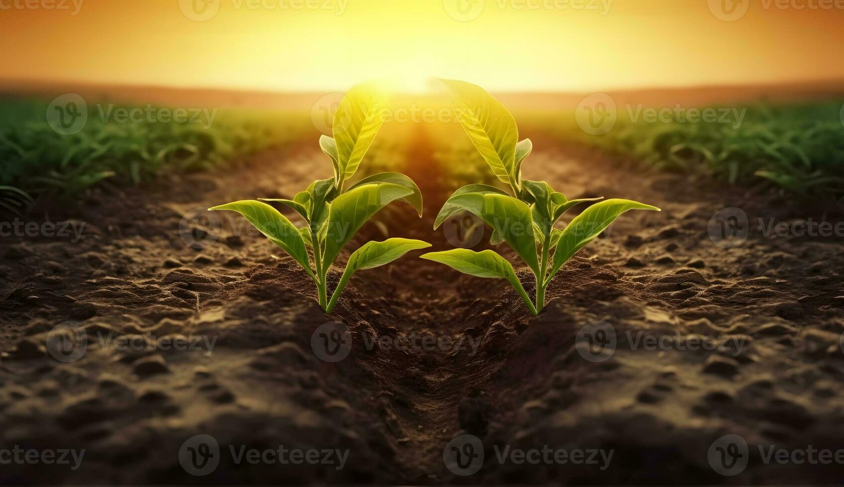 AI generated bottom view of young shoots of corn planted in rows. earth and green plants in the background sunset photo