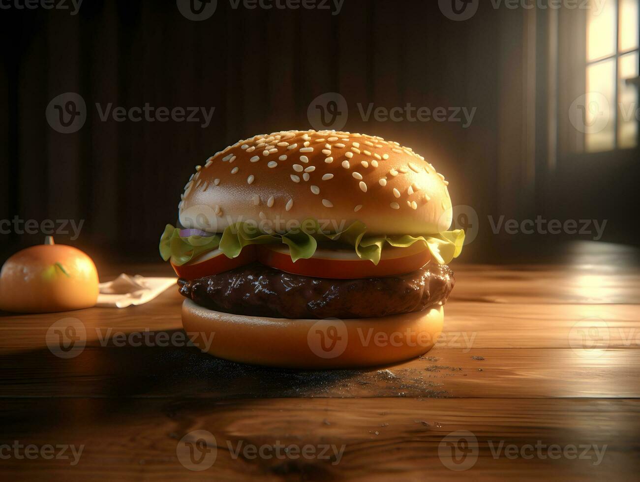 AI generated Burger with salad, cheese and bacon on dark background photo