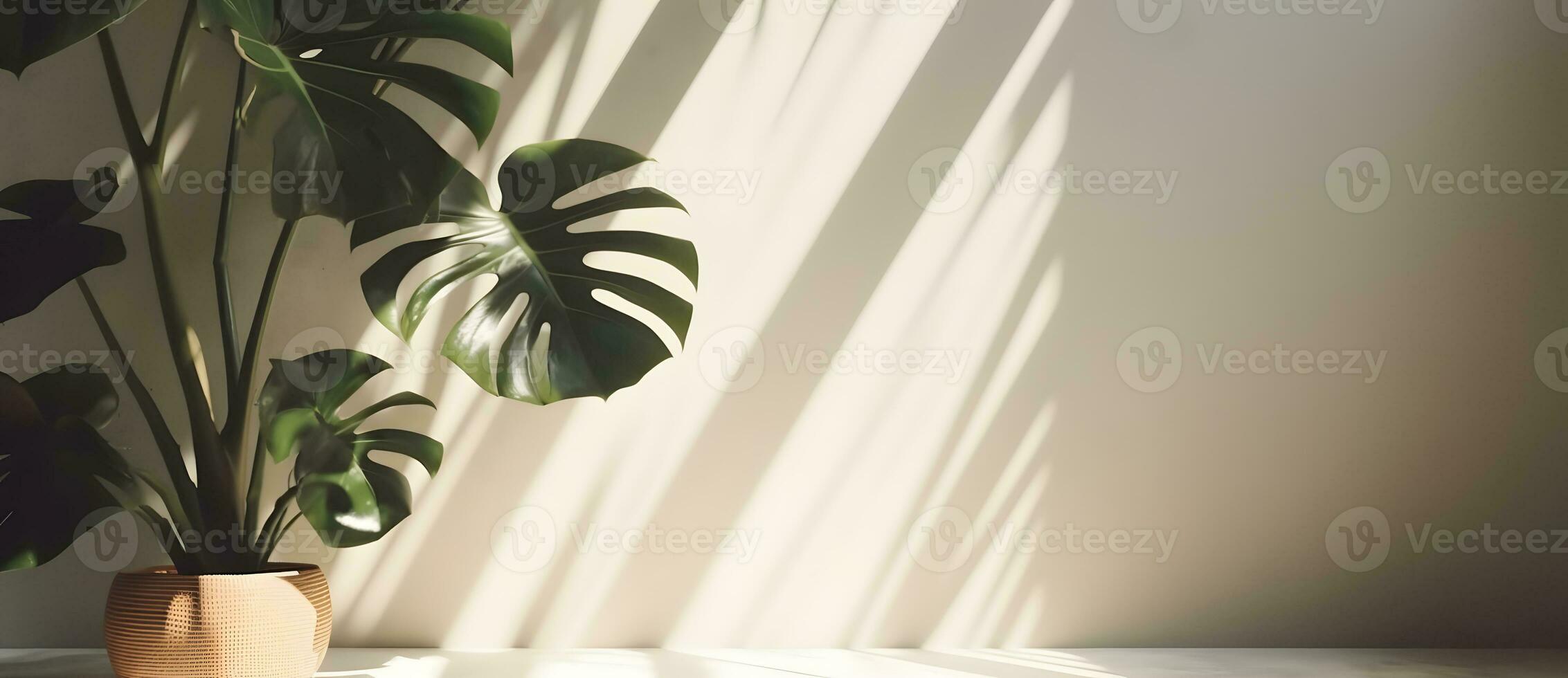 AI generated Monstera leaf on beige pastel wall with window light shadows, 3d rendering cosmetic product display mockup photo