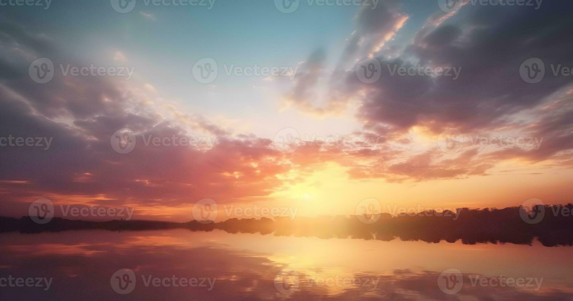 AI generated Beautiful sunset over sea with reflection in water, colorful clouds in the sky photo