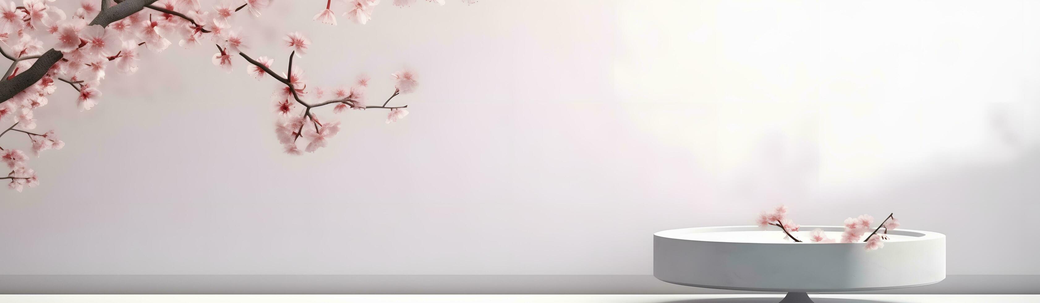 AI generated Home interior with decor elements. Cherry blossoms in a vase on a light background. Display product background for commercial photo