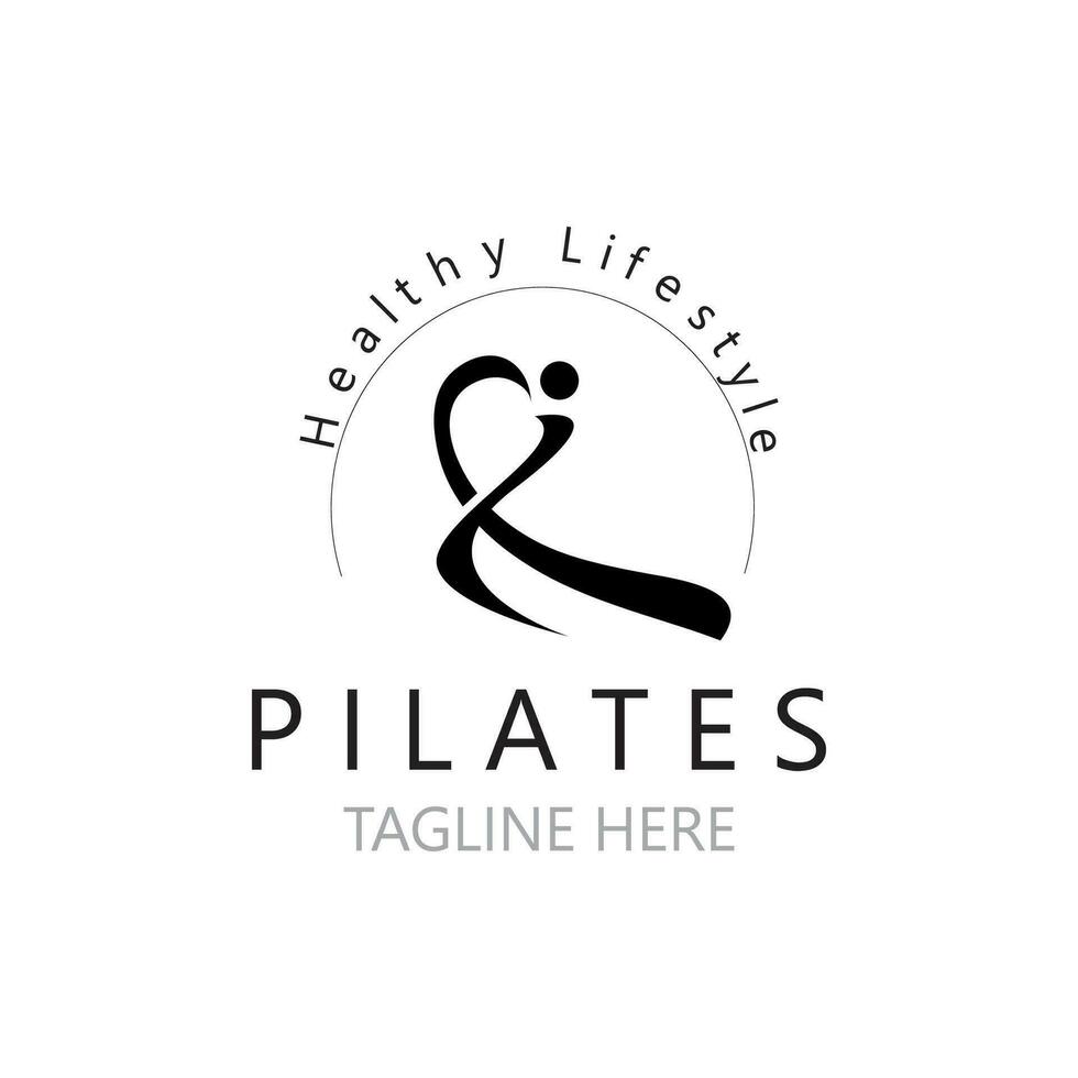 resumen pilates logo, yoga identidad cuerpo equilibrar vector monoline diseño modelo. bienestar estilo de vida