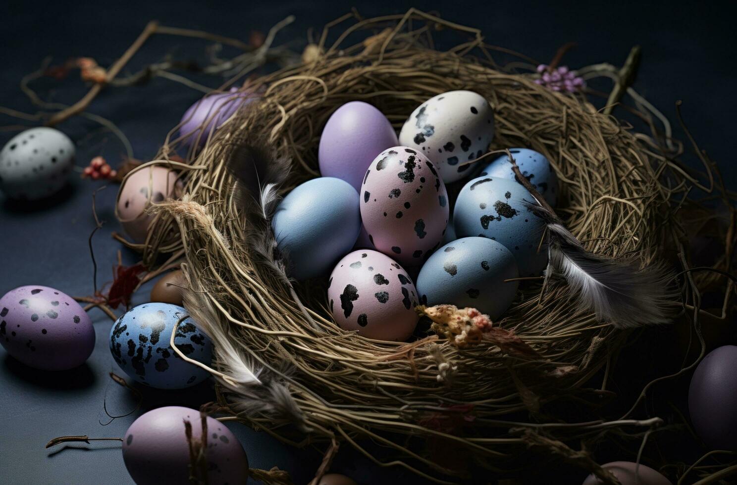 AI generated a nest full of easter eggs on a grey background photo