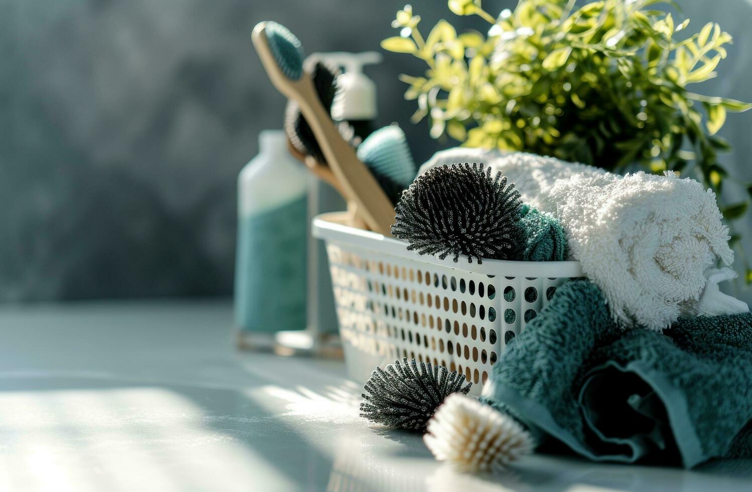 AI generated a white basket with scrub brushes and cleaning towels photo