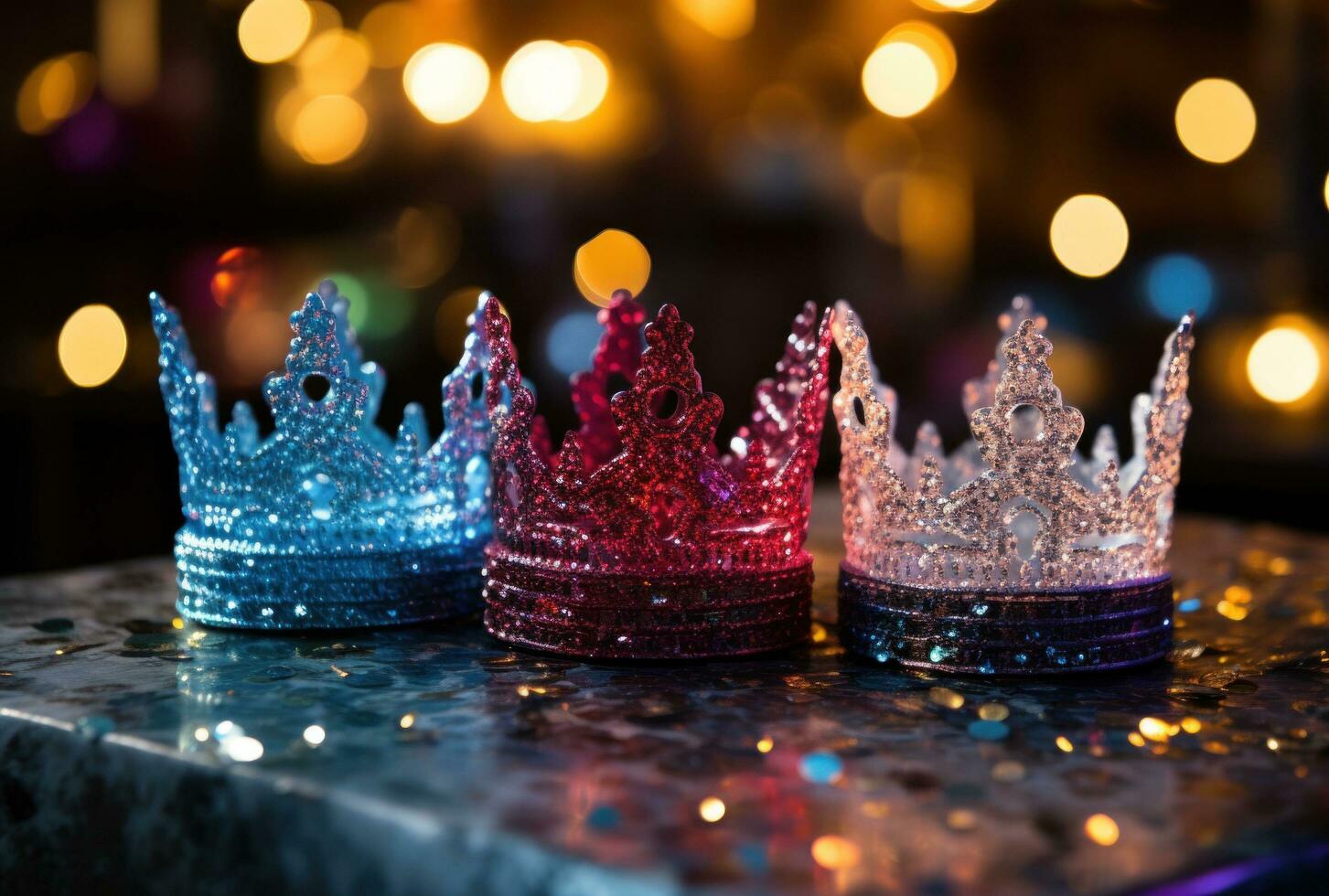 AI generated 3 colourful glittery crowns sitting on top of a table photo