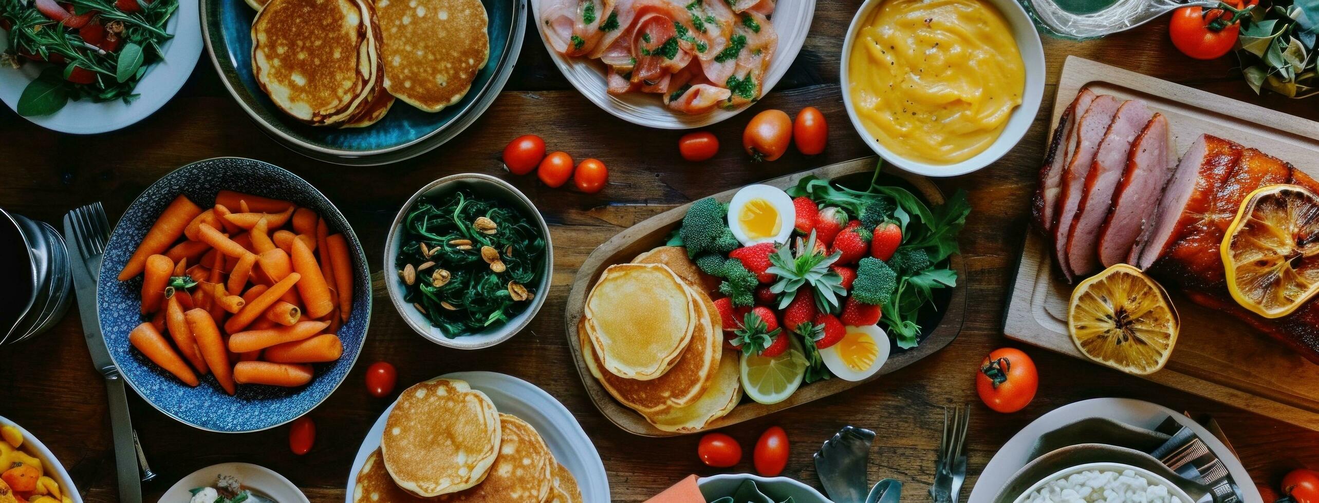 AI generated a table of easter food, including ham, pancakes photo