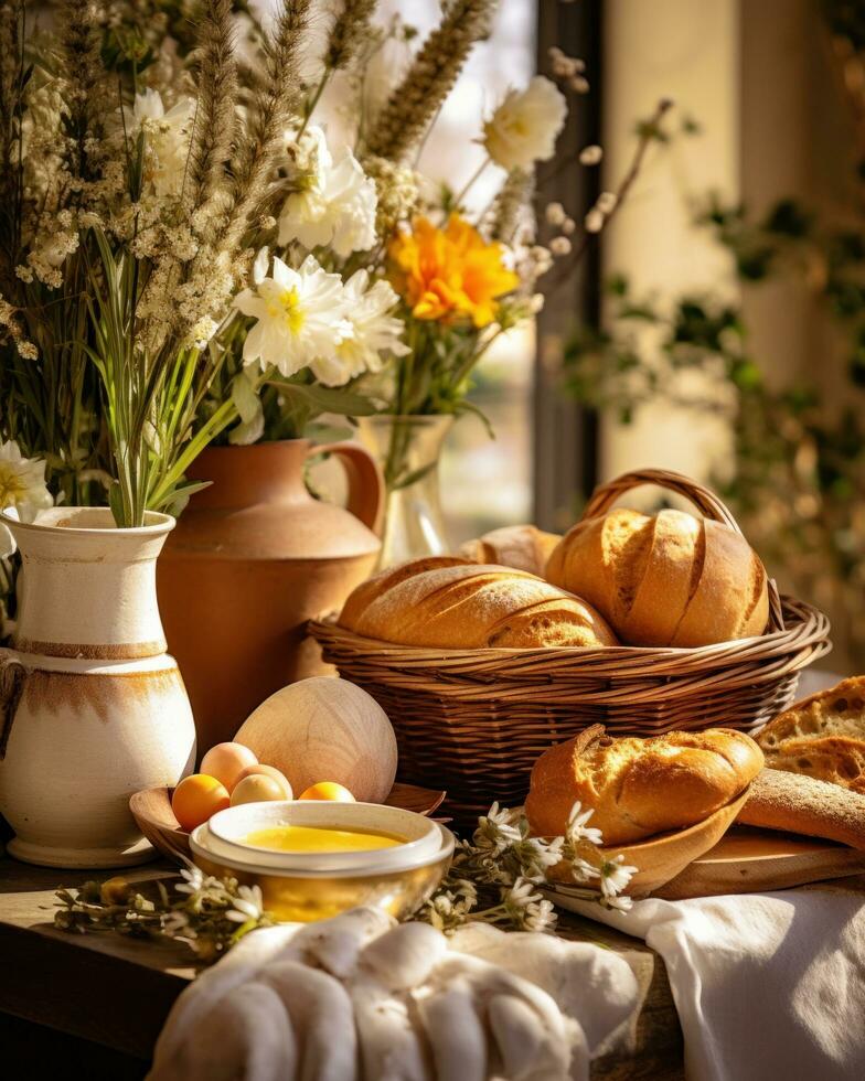 ai generado un mesa con un pan y dos cestas lleno con huevos y flores foto