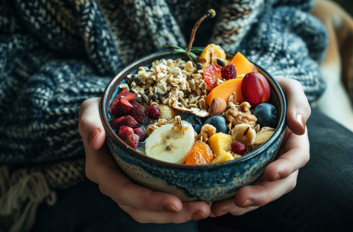 AI generated a person holding up a bowl with fruit and nuts photo