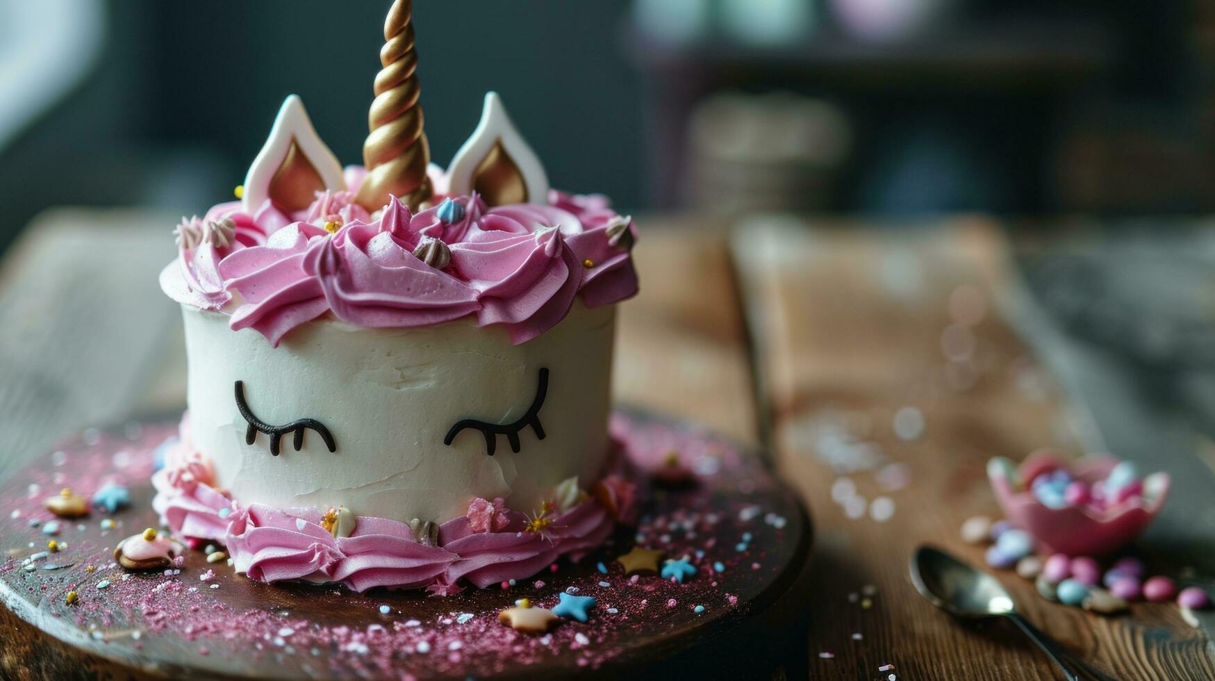 AI generated A Unicorn Cake with Pink Frosting and copy space photo