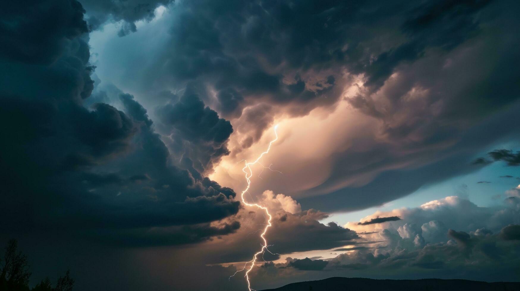 AI generated lightning strikes against the dark cloudy sky photo