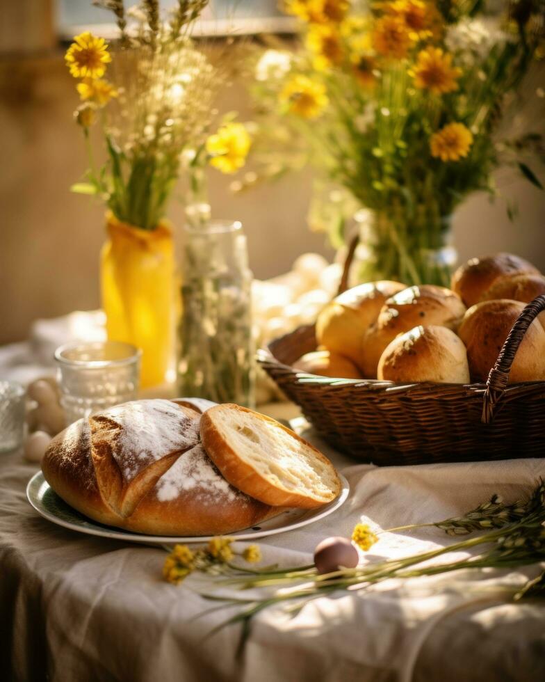 ai generado un mesa con un pan y dos cestas lleno con huevos y flores foto