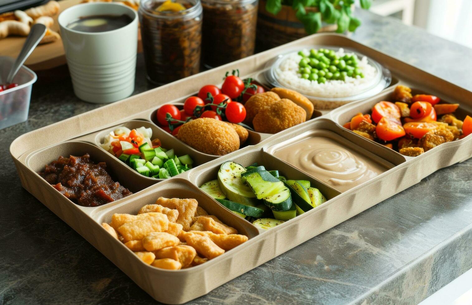 AI generated a plastic tray with several containers filled with food photo