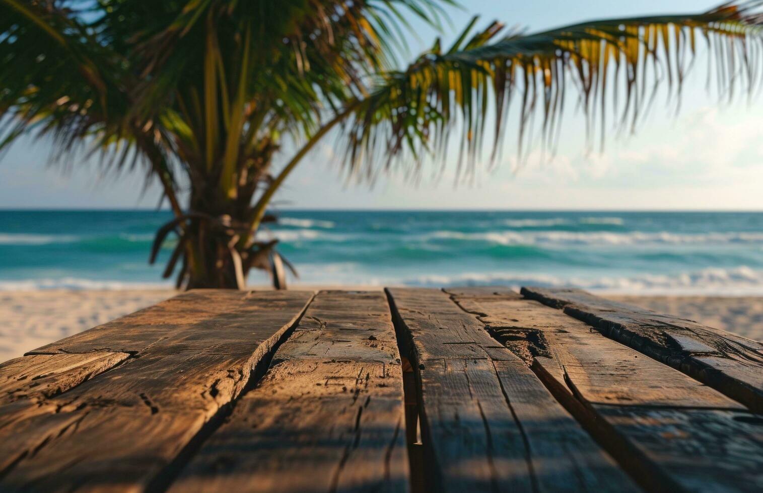 AI generated a wooden table on the beach in front of a palm tree photo