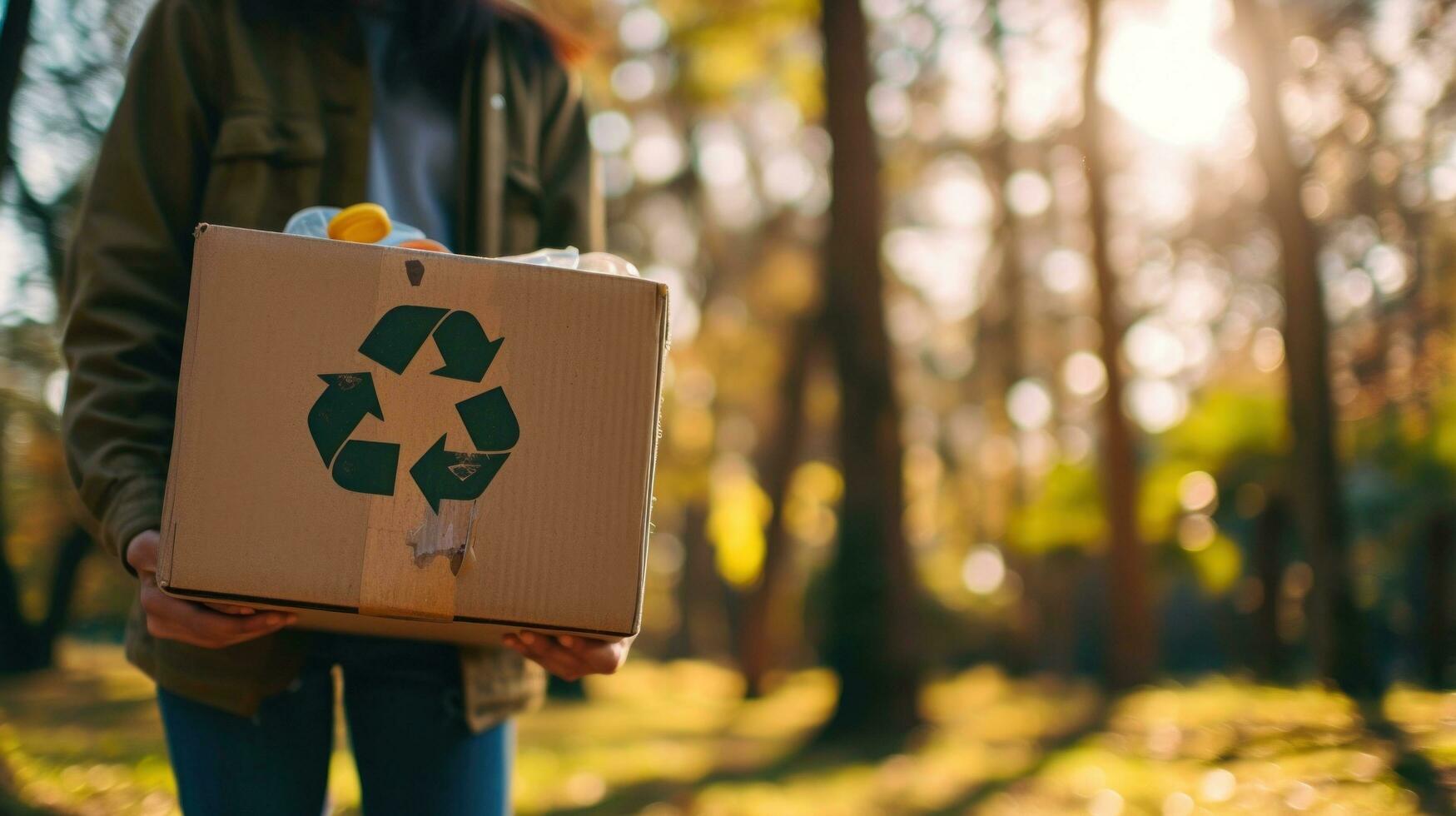 AI generated a young person holding a box with a plastic recycling logo in the park photo