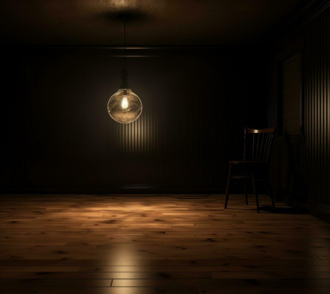 AI generated dark room with a light bulb hanging over a dark room photo