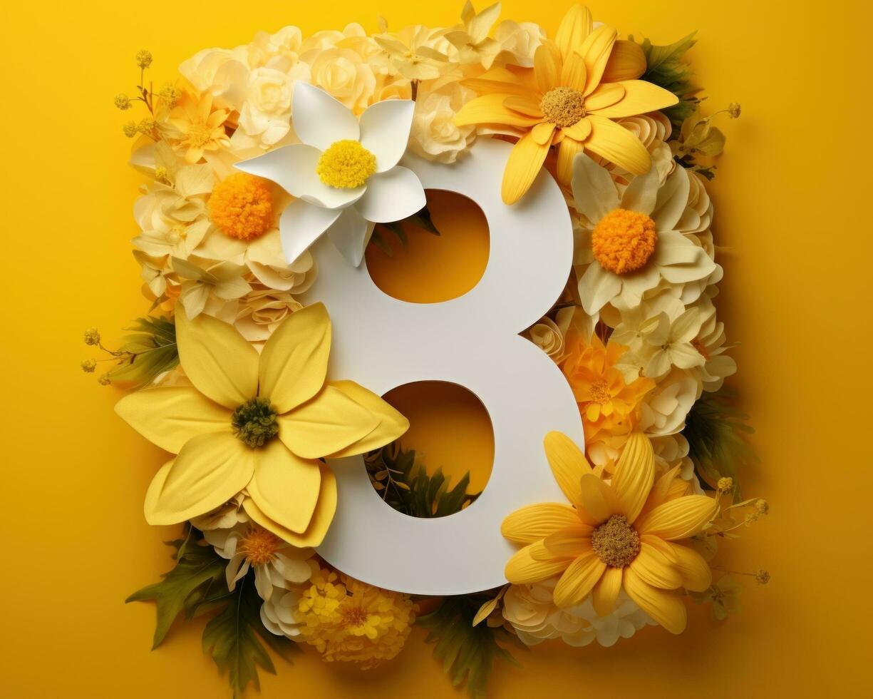 AI generated a number eight in yellow flowers behind it photo